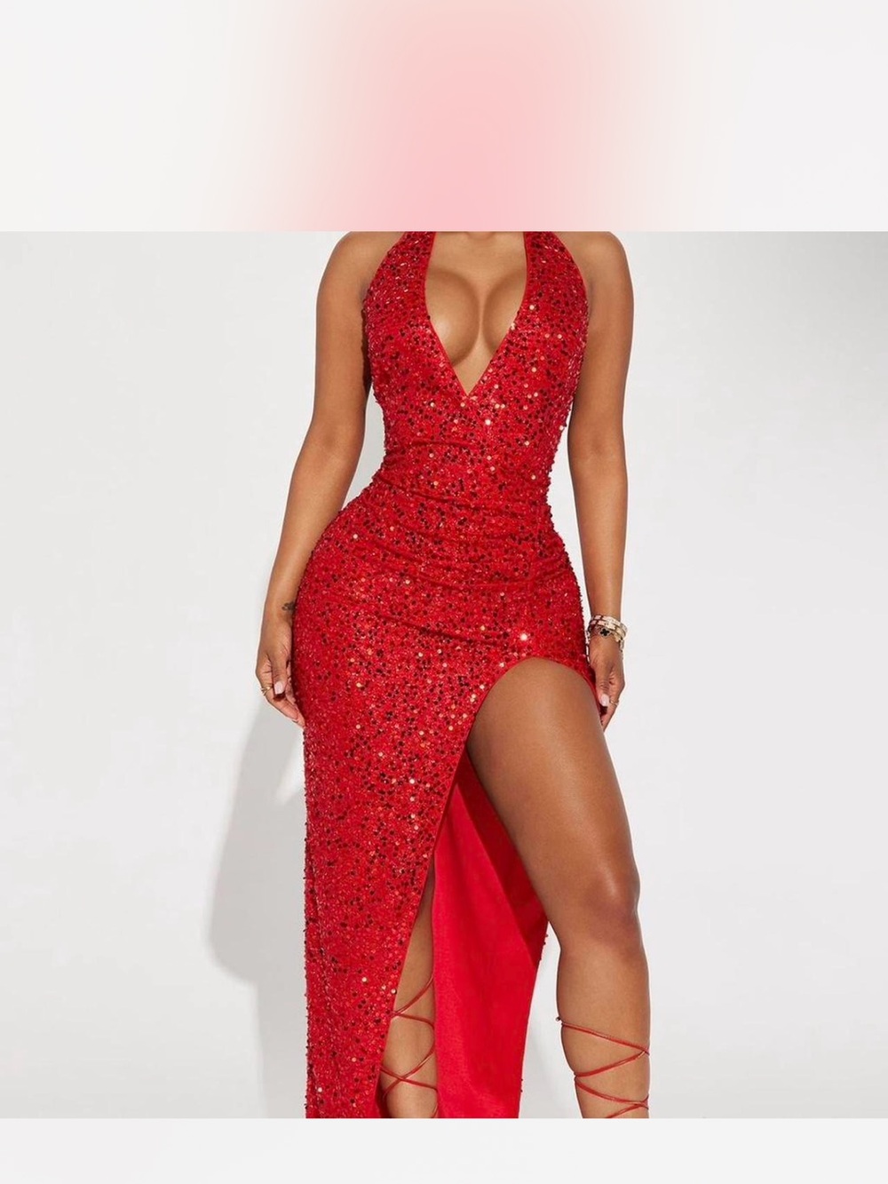 Fashion Nova Red Sequin Halter High-Slit Evening Gown